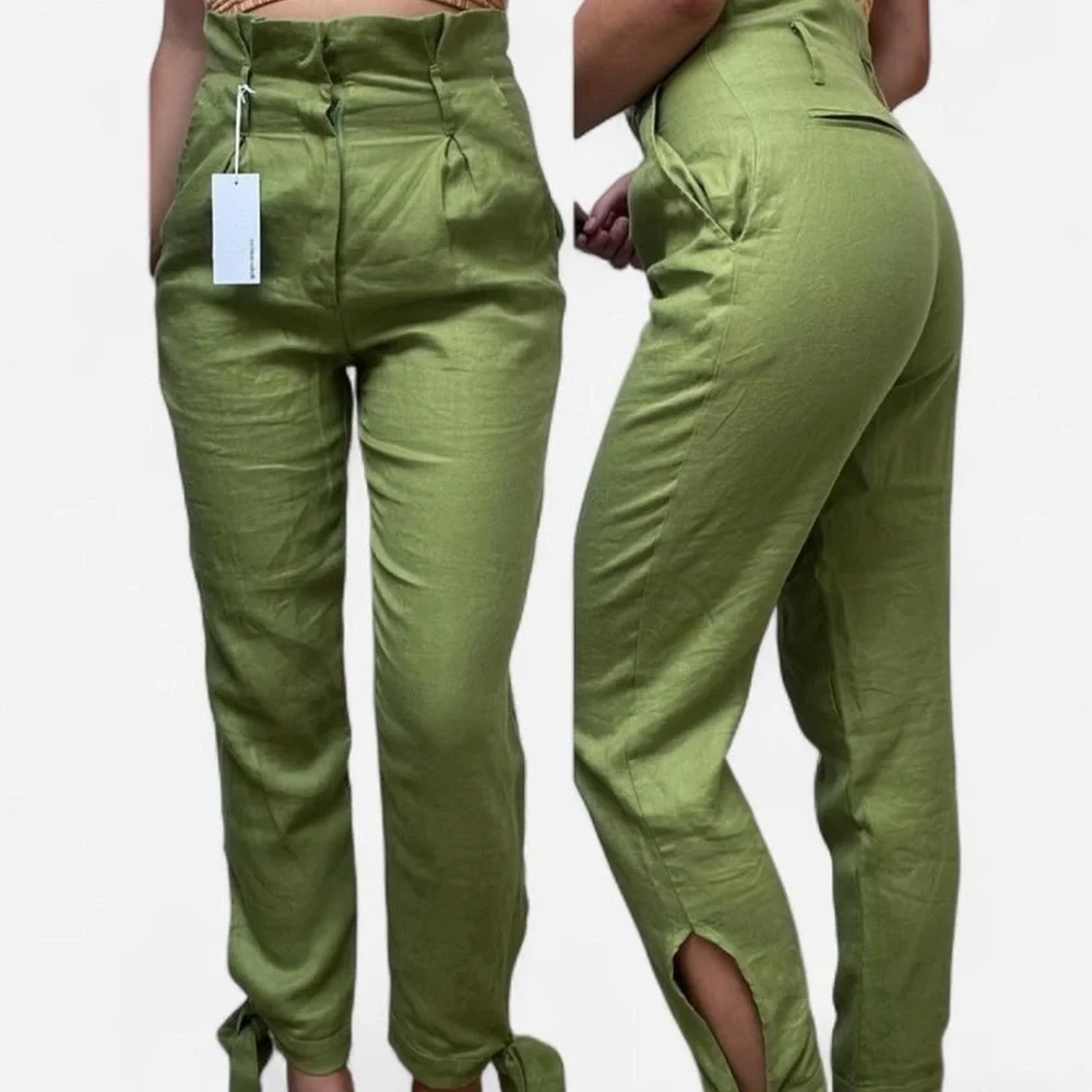 reformation nwt high rise 100% linen green paper bag business dress pants 2
